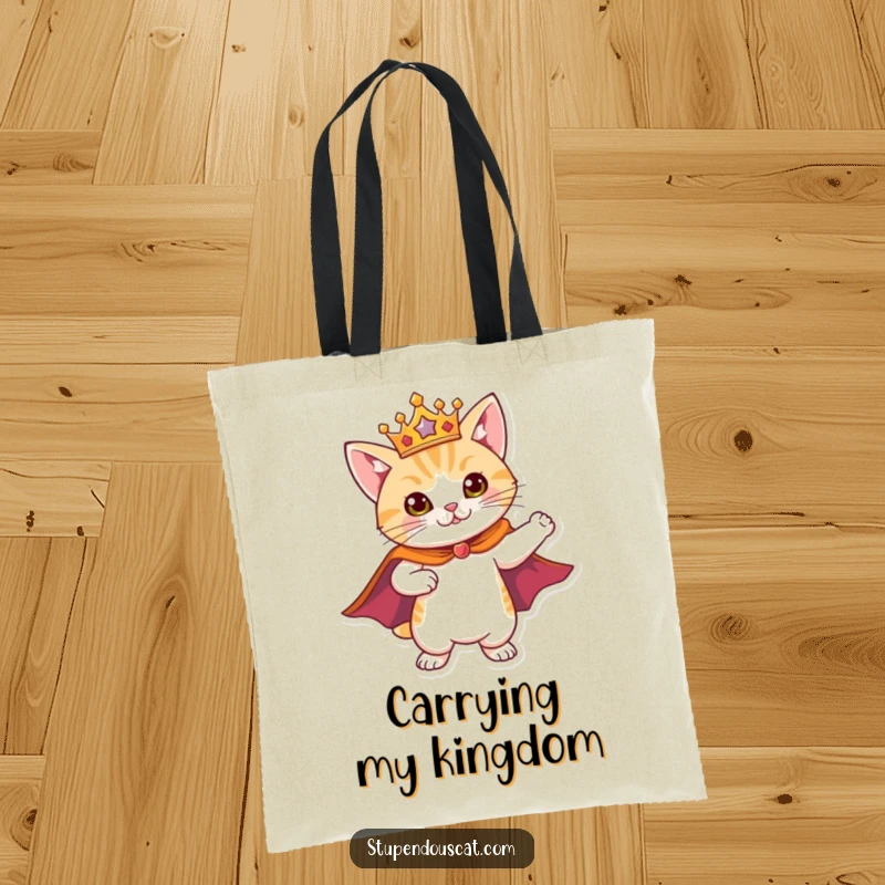 Funny Tote Bag decorated with a heroic cat wearing a cape and crown, striking a powerful pose, ready for any mission.