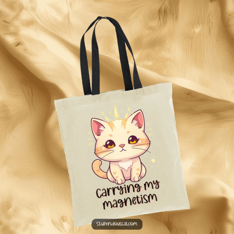 Funny cat tote bag depicting a cat with a radiant aura, exuding powerful charm.