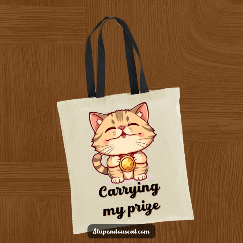 Funny Tote Bag: A stupendous cat proudly displays a gleaming medal, ready to carry your winning items with pride.