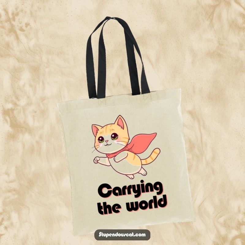 Funny Tote Bag: A cat adventurer with a small cape is flying high, ready to carry your treasures with bravery.