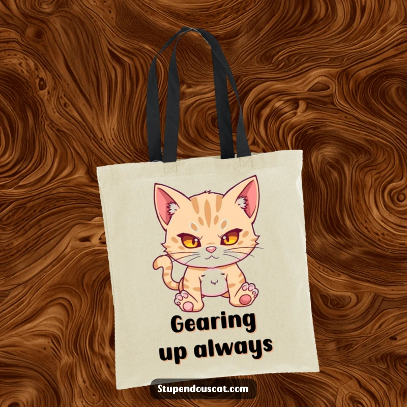 Funny action cat cub tote bag, ready and formidable, perfect for carrying all your necessities with a humorous edge.