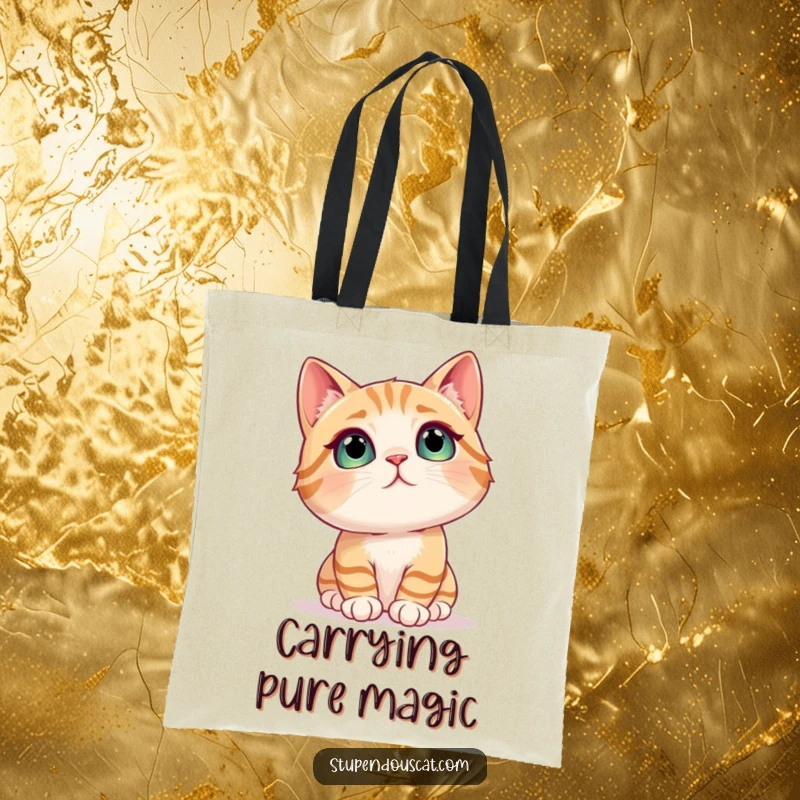 Funny cat tote bag featuring a cat looking up in complete awe at a dazzling, shimmering object, great for essentials.