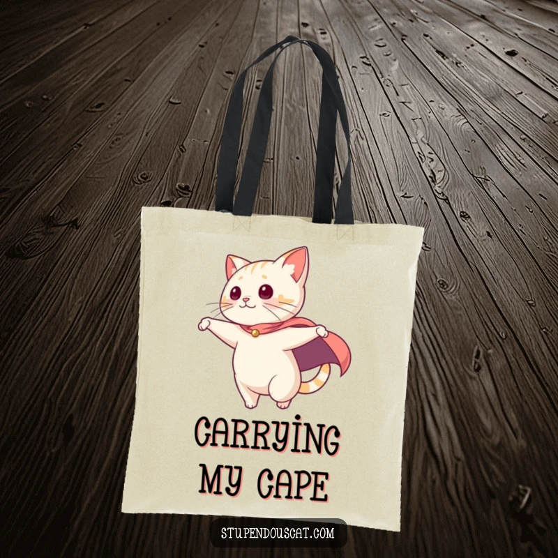 Funny Tote Bag: A cat in a dramatic cape swooping from a high point, perfect for carrying essentials with heroic style.