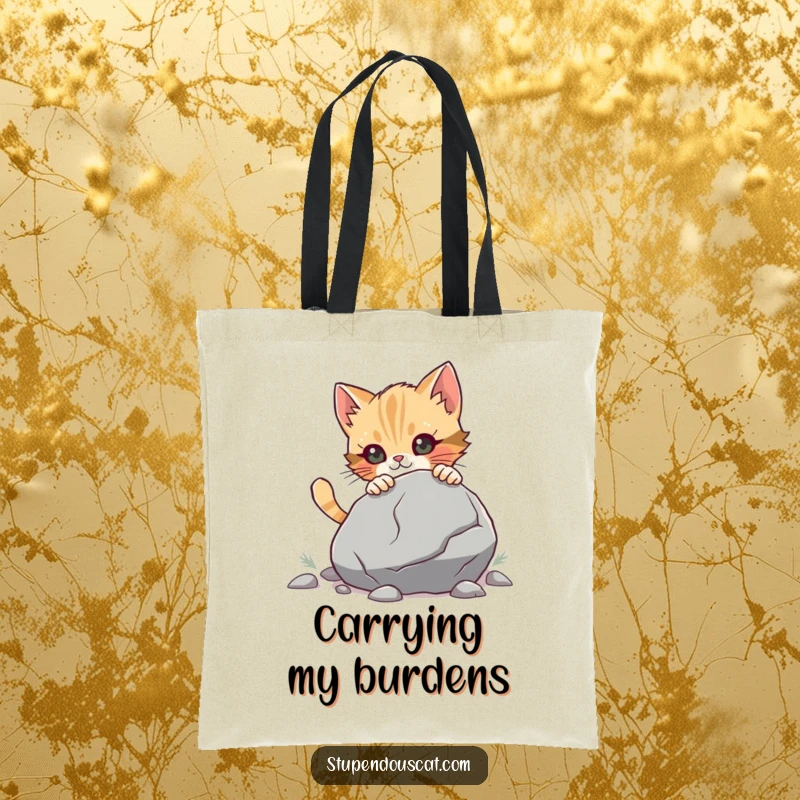 Funny Tote Bag showing a determined cat cub pushing a large boulder, perfect for carrying items with a dose of humorous, unwavering effort.