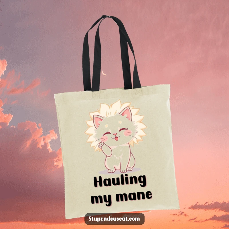 Funny cat tote bag featuring a cat struggling playfully to tame its massive, fluffy, and wild mane, great for essentials.