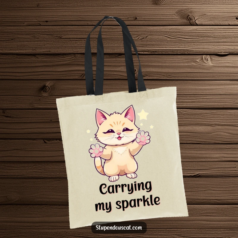 Funny tote bag displaying a magical cat conjuring sparkling energy from its paws, looking awe-inspiring and mystical.