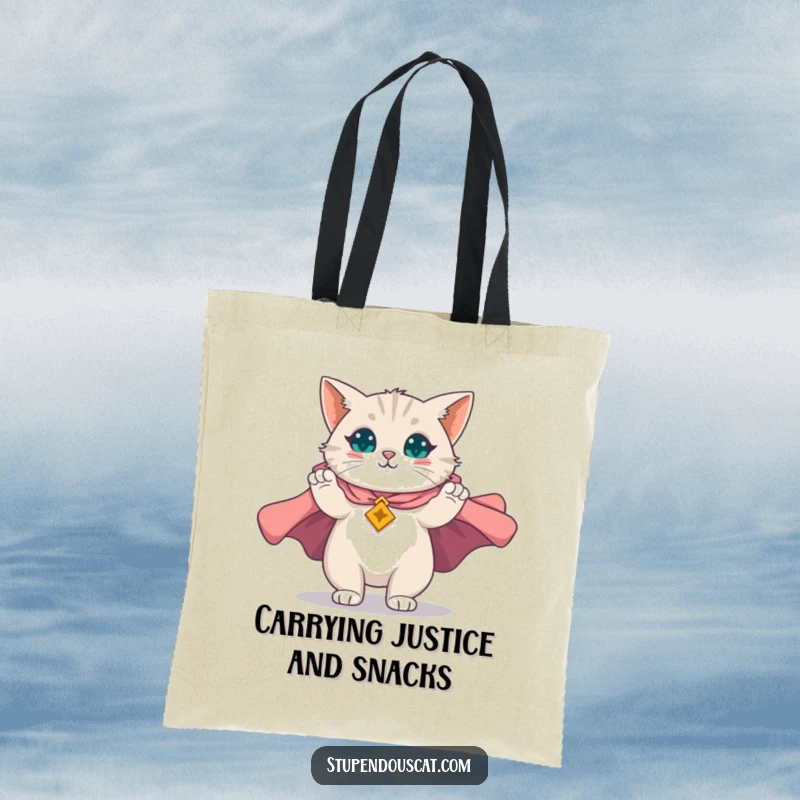 Funny tote bag depicting a magnificent cat unfurling a majestic cape, ideal for carrying daily items with heroic and humorous flair, a great gift.