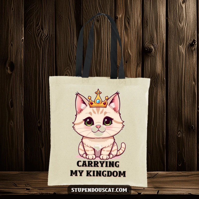 Funny tote bag featuring a majestic cat wearing a small, sparkling crown, ready to hold your treasures with royal humor.