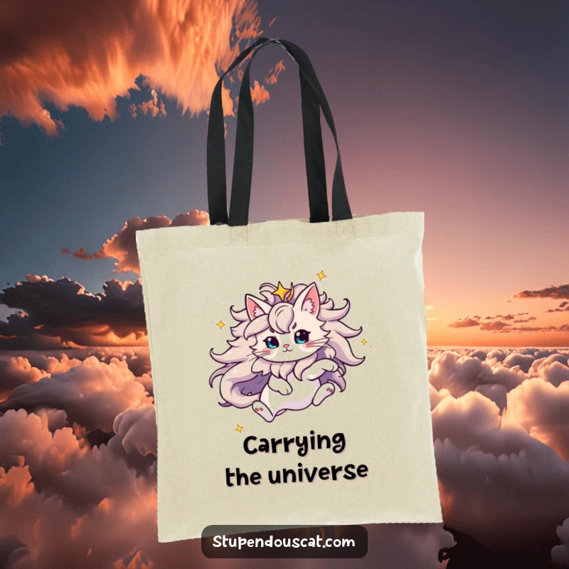 Funny Tote Bag depicting a majestic cat with a flowing starry mane leaping, carrying cosmic energy and everyday items with style.