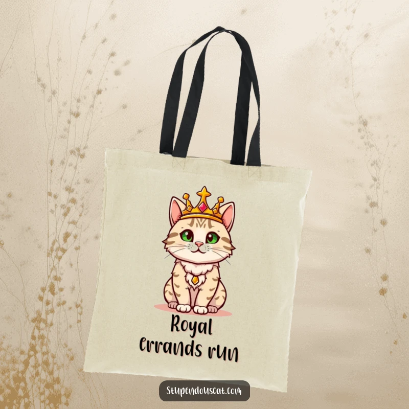 Funny tote bag displaying a regal cat in a golden crown, confidently surveying its domain with a majestic air.