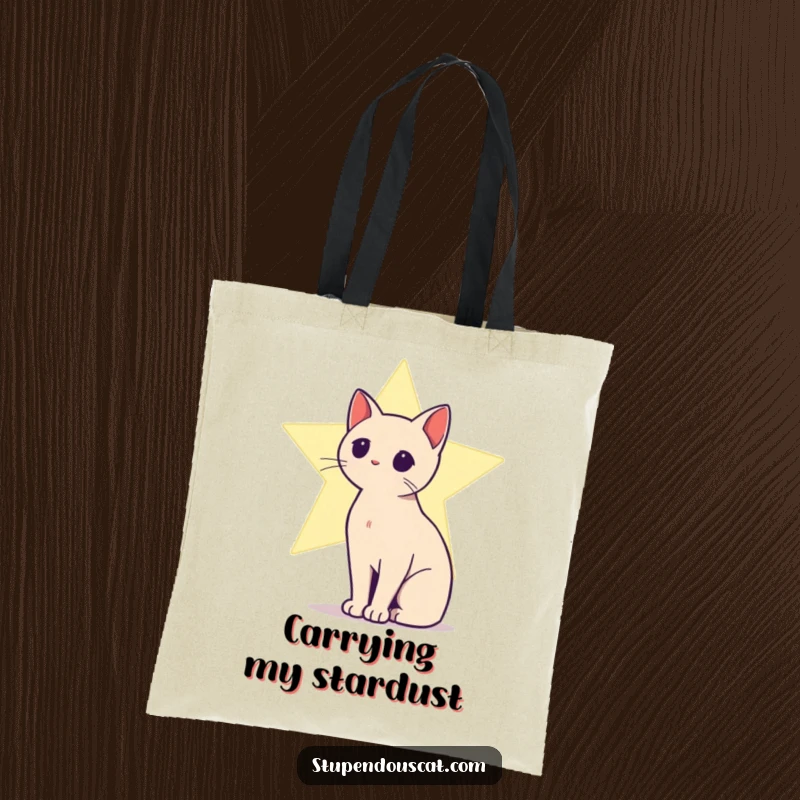 Funny tote bag showcasing a cat silhouette against a bright, shining star, ideal for carrying magical items.