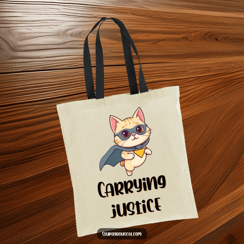 Funny tote bag featuring a cat in a superhero cape flying with determination, perfect for carrying essentials with heroic humor, a great gift.