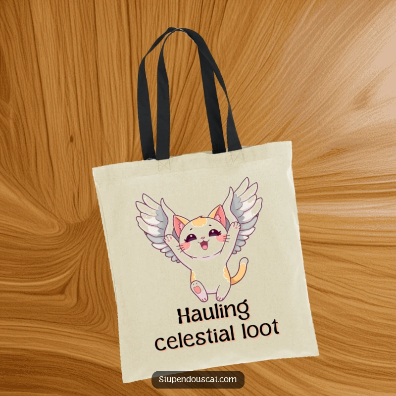 Funny Tote Bag featuring a triumphant cat with majestic wings unfurled, soaring high, perfect for carrying daily items with flair.
