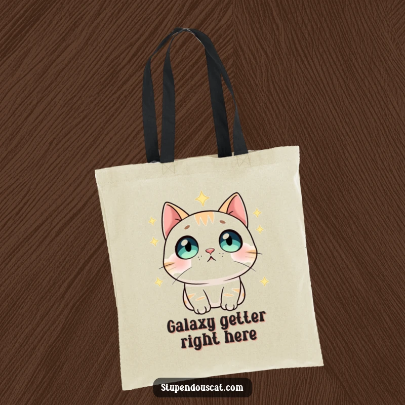 Funny Tote Bag: A cat with wide, amazed eyes gazing at a star-filled sky, perfect for carrying essentials with celestial charm.