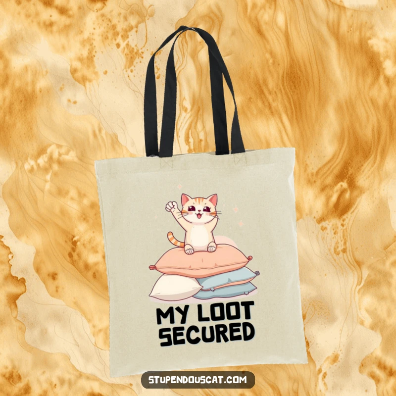 Funny tote bag with a triumphant cat striking a heroic pose on a pile of soft pillows, ready for adventure.