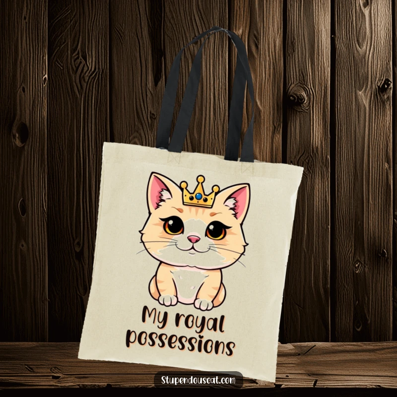 Funny tote bag with a regal cat wearing a tiny crown and looking very pleased, ideal for carrying your treasures.