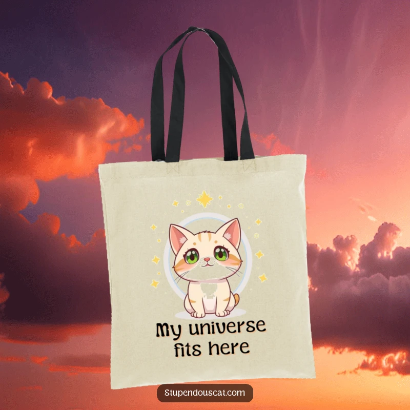 Funny cat tote bag depicting a cat with wide eyes, watching a magical portal open.